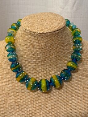Stunning! Artisan Glass Beaded Statement Necklace #A114 blue yellow white 17”